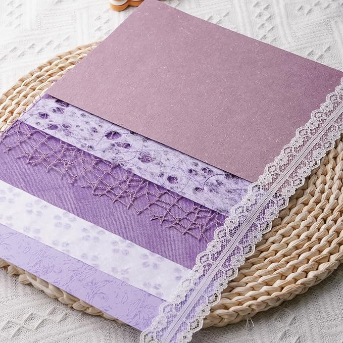 15Pcs Handmade Scrapbook Art Paper Craft Textured Colorful A5 sheet Mesh Special Paper Mix for Scrapbooking Junk Journal Journaling Supplies DIY Materials,5.8x8.2 inches (Purple)