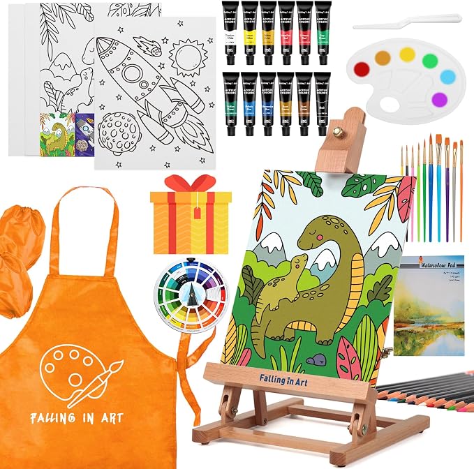 Falling in Art Kids Tabletop Easel Set, Portable Art Easel Painting Kits | 52 Pcs Wooden Easel for Painting Canvases, Including 12 Colors Acrylic Paints, 10 Paintbrushes and 4 Canvas Panels, Yellow