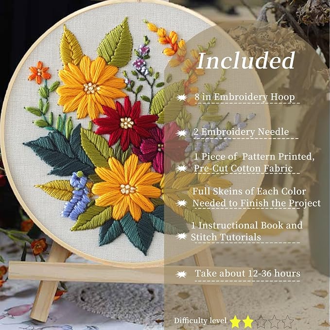 FONNUY Floral Embroidery Kit for Beginners, Colorful Flowers Pre-Stamped Pattern Kits for Adults with Hoop, Thread Needlework, 8'' Hoop (Zinnia)