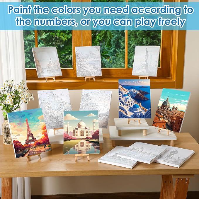 RoundFunny 12 Set Paint by Numbers Kit for Adults Cityscape Painting 8x10 | with Wooden Frame Easel Acrylic Paints Brushes Watercolor Oil, DIY Stress Relief Paint by Number for Beginner Home Wall Decor