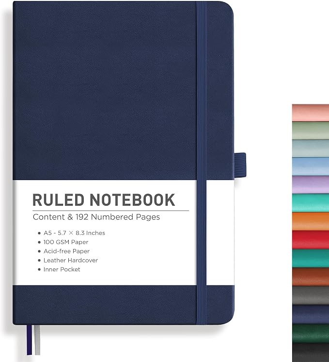 RETTACY Lined Journal Notebook, 192 Numbered Pages, A5 Size (5.7'' x 8.3'') | Leather Hardcover, 100 GSM Thick Paper, for Men & Women, Journaling, Writing, Work & Office (Navy blue)