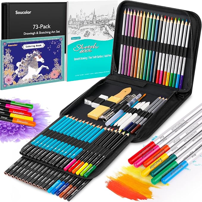 Soucolor 73Pcs Art Supplies Drawing Kit Sketch Pencils Set Adults Gift | 73-Piece Art Set Includes Sketch Book, Coloring Book, Graphite Pencils, Watercolor Pencils & Portable Case for Artists