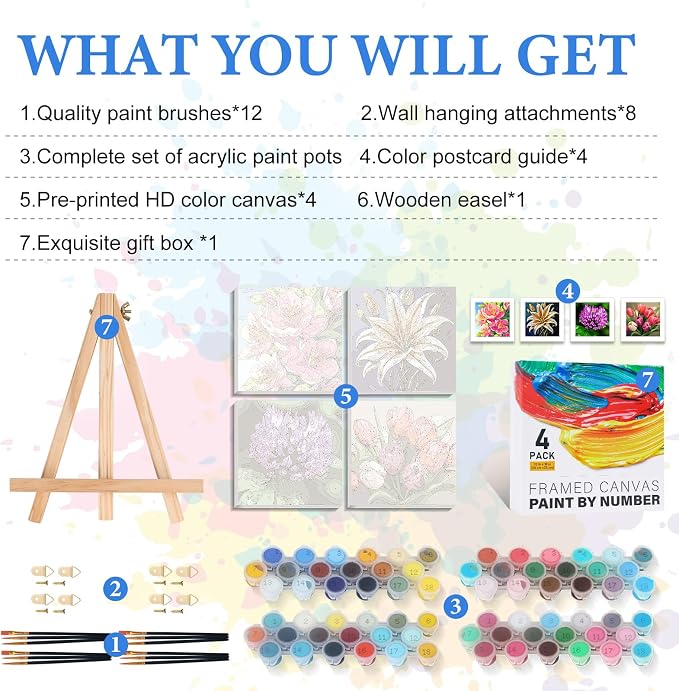 PRASIO 4 Pack Paint by Numbers Kit for Adults Framed Canvas with Wooden Easel, Flowers Easy Paint by Number Kits with Frame, Acrylic Watercolor Adult Paint by Number Kits on Canvas Framed 10x10 Inch