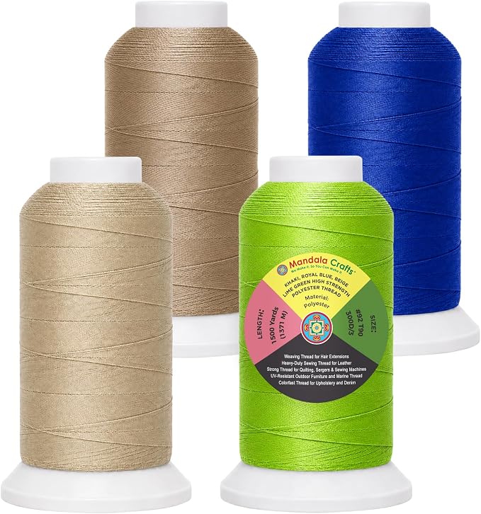 Mandala Crafts Beige Assorted Tex 90 Upholstery Polyester Heavy Duty Thread | 1500x4 Yds T90 UV Resistant Strong Thread for Leather Sewing, Marine, Drapery, Jeans, Hair Weaving & Extension, Outdoor