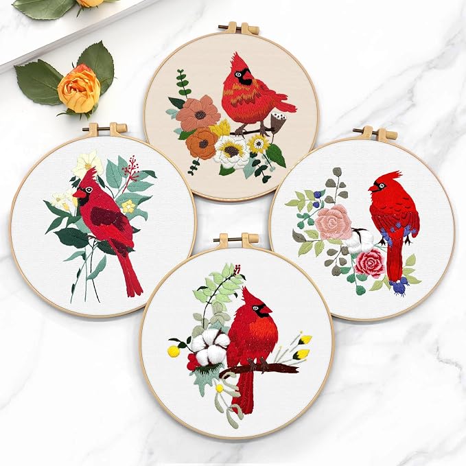 ERKOON 4 Sets Embroidery Kit, Animal Cross Stitch Set for Include Embroidery Cloth Hoops Threads for Craft Lover Hand Stitch (Cardinal)