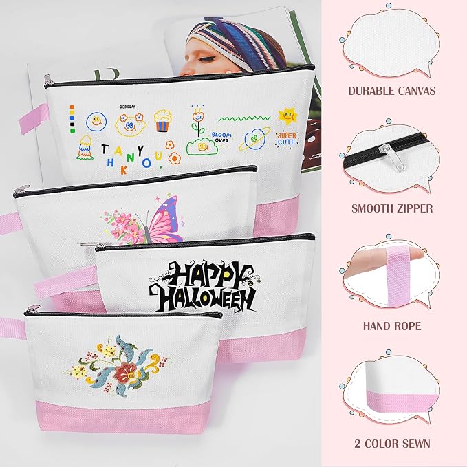 10 Pieces Cotton Canvas Makeup Bag with Bottom and Strap, Multi-Purpose Cosmetic Bag with Zipper Travel Toiletry Pouch, Blank DIY Craft Bag (White&Pink, M)