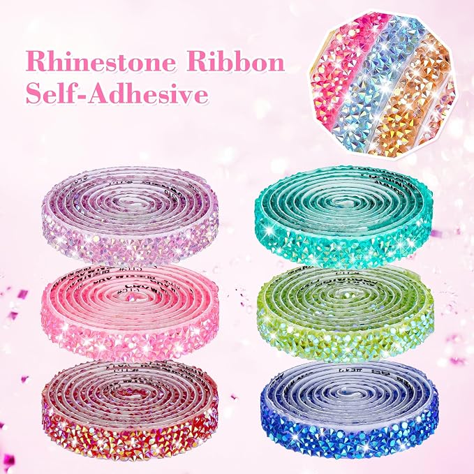 NiArt 6 Rolls Self Adhesive Rhinestone Ribbon 6 Yards DIY Candy Colors