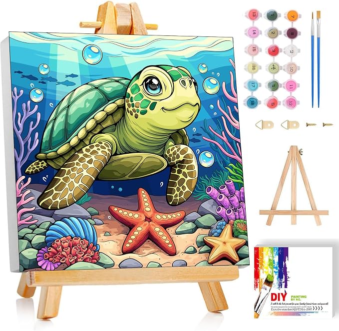 ajepon Sea Turtle Paint by Numbers Kit for Kids with Frame - Cute Tortoise Paint by Number for Kids, Kid Painting by Number Kits Age 8-12 for Home Wall Decor 8X8inch (with Wooden Easel)