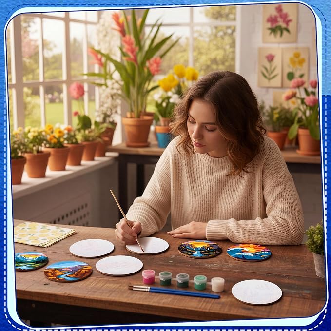 Reallnaive 8 Pcs Mountain Paint by Numbers Kit for Adults Wooden Coasters | Mini Landscape Paint by Numbers, Tiny Sunrise River Round Oil Painting Drink Coaster with Holder, for Small DIY Craft Gift