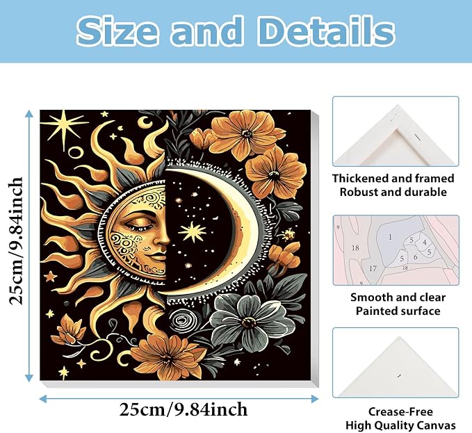 Moon Paint by Numbers Kit for Adults Beginner, Sun Paint by Numbers 10x10 | Framed Paint by Numbers Kit for Adults Beginner with Easel, Acrylic Painting by Numbers, DIY Crafts for Gifts or Home Decor