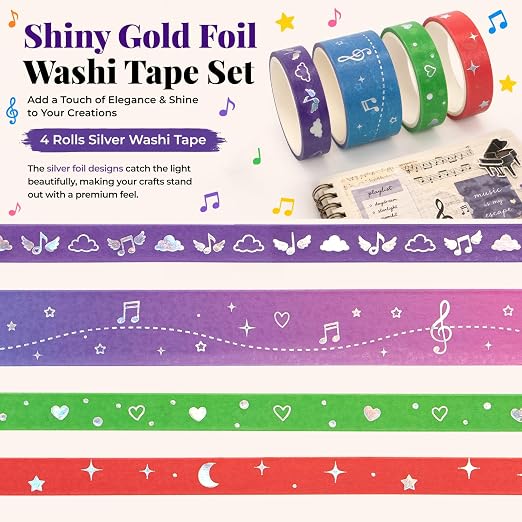 Music Washi Tape Set, 35 Rolls Decorative Washi Tape with Gradient Foil, Music Notes, Piano Keys, Cassette Tape Designs for Journaling, Scrapbooking, Planner, Card Making, DIY Crafts & Gift Wrapping