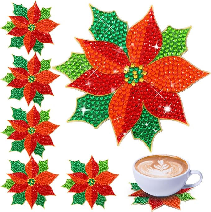 UPINS 8Pcs Christmas Diamond Art Painting Coaster Kit, Poinsettia Coaster Christmas Red Flower Coasters with Holder for Xms DIY Crafts Gifts Holiday Home Kitchen Table Decor