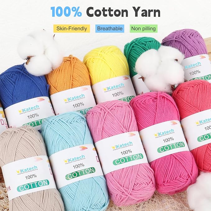 Katech Pure Cotton Yarn for Crocheting & Knitting–Baby Cotton Yarn | 24-Color of 137 Yards/1.76 oz Sport Weight CYC #2-Soft & Breathable-Ideal for Dishcloths, Baby Clothes, Potholders & Crafts