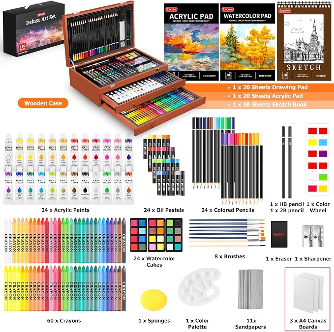 Soucolor 192-Pack Deluxe Art Set, Drawing Painting Kit, Wooden Case Gift | 192pcs: Crayons, Pencils, Pastels, Watercolors,Acrylics, 3 Canvases, 3 Pads, 8 Brushes Wooden case,Gift box