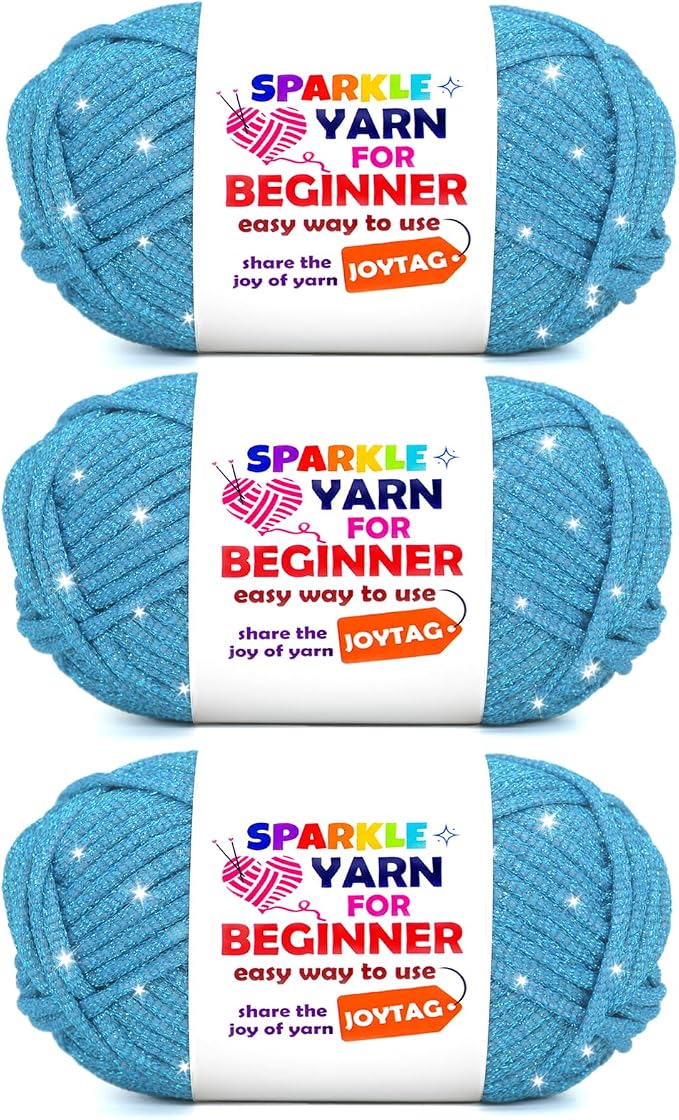 3 Pack Lake Blue Sparkle Yarn for Crocheting and Knitting,Lake Blue Metallic Glitter Crochet Knitting Yarn for Beginners with Easy-to-See Stitches Easy Yarn for Beginners Crochet Kit(3x50g)