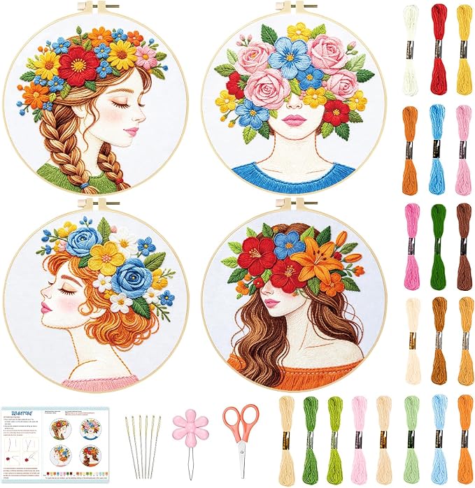 BEUNITONE 4 Set Embroidery Kits for Beginners Adult with Pre-Print Pattern | 7.9x7.9" Include Embroidery Cloth Hoops Threads for Craft Lover, Beautiful Flower Lady Pattern for Women Home Decor