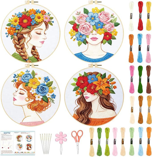 BEUNITONE 4 Set Embroidery Kits for Beginners Adult with Pre-Print Pattern | 7.9x7.9" Include Embroidery Cloth Hoops Threads for Craft Lover, Beautiful Flower Lady Pattern for Women Home Decor