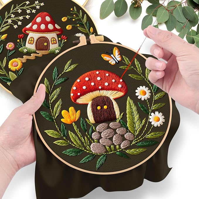 ERKOON Embroidery Kit for Beginners, 2 Set Flower Cross Stitch Set Include Embroidery Cloth Hoops Threads for Craft Lover Hand Stitch with Embroidery Skill Techniques (Mushroom)