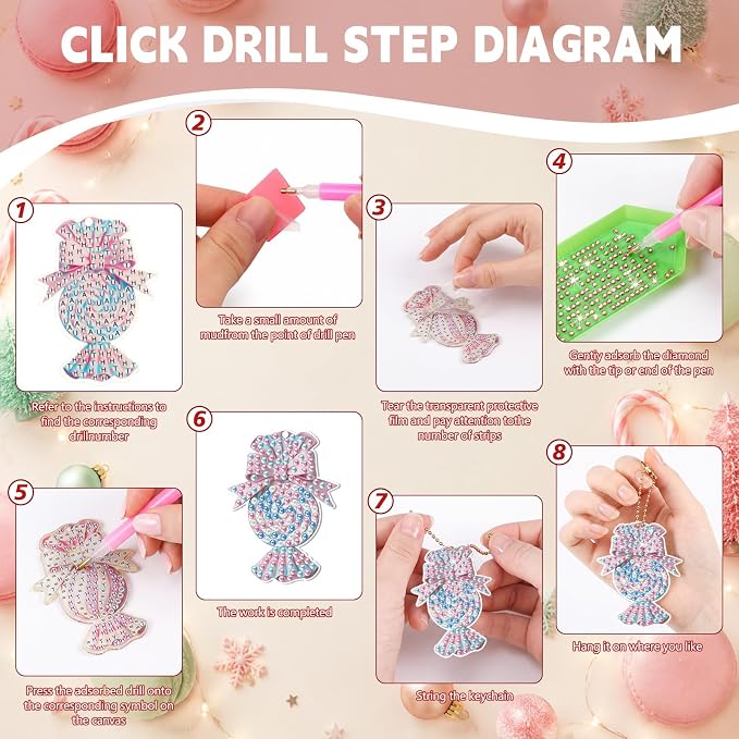 Tondiamo 20 Pcs Christmas Macaron Candy Diamond Painting Keychain Kits 5d DIY Diamond Art Pendants Double Sided Hanging Key Chains for Christmas Party Decoration DIY