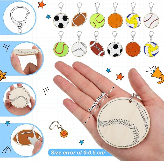 Trnayi 36 Pcs Sports Ball Unfinished Wood Keychains Color Your Own Craft | Sports Ball Wooden Keychains, Color Your Own Unfinished Craft, Blank Wood Painting DIY Crafts, for Home Classroom Art Project