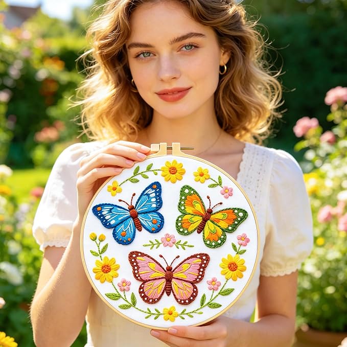 BEUNITONE 6 Set Embroidery Kit for Beginner Adults, Colorful Butterfly Floral DIY Cross Stitch Set with Stamped Pattern Hoops Threads Cloth Needles, Embroidery Starter Kit for Home Decor and Gifting