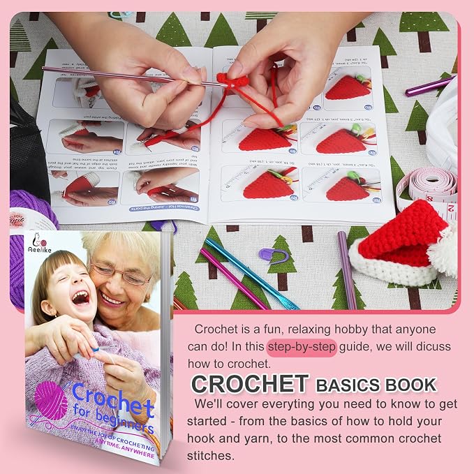 Aeelike Crochet Starter Kit with Everything, White | 1093 Yards Acrylic Yarn for Crocheting, 78pcs Crochet Set and Step-by-Step Instruction for Beginners Tote Storage Bag
