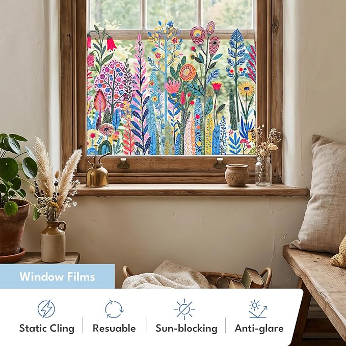 ADD.HERES Window Privacy Film,Colorful Floral Window Stickers,Removable DIY Bouquet Static Clings, Decals for Home School Office Party Supplies, Vivid Flower Field, 17.5" x 78.7"