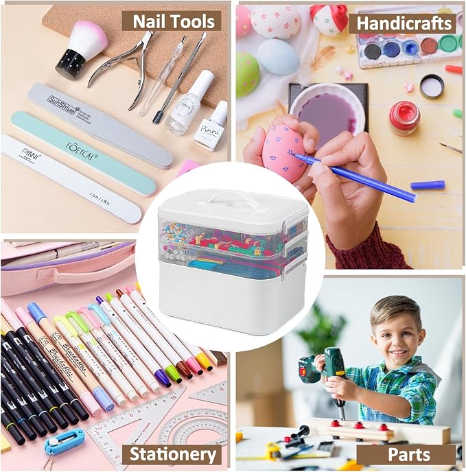 3-Layer Plastic Craft Organizers and Storage Box with Removable Trays, Storage Containers with lids and Handle, Art Supply Storage Organizer for Bead, Ornament, Nail Polish, Tape（10.62"x9"x7.67"）