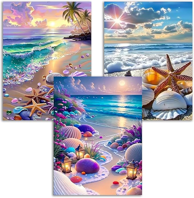 VeGuude Diamond Art Kits for Adults - 3 Pack Beach Diamond Painting for Beginners, Diamond Dots Round 5D Full Drill Paint with Diamonds Pictures Gem Art Painting Kits DIY Crafts Kits 12 x 16inch