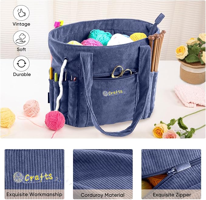 MYBAGZING Crochet Bag and Tote - Corduroy Yarn Bag - Yarn Holder for Crocheting - Crochet Storage Bag for Crochet Hooks, Crochet Accessories, Knitting Bag for Crochet Lovers, Mother's Day Gift