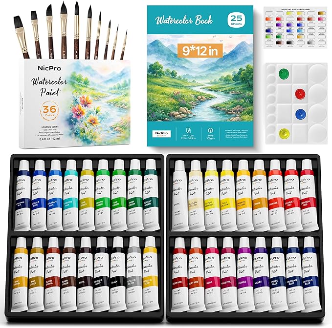 Nicpro Watercolor Paint Set for Adults, 36 Colors Watercolor Tube Set | 12ml/0.4oz Tube, 10 Squirrel Watercolor Brushes, 25-Sheet 9x12“ Watercolor Paper Book, 20-Well Palette, Water Color Supplies