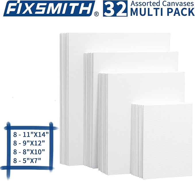 FIXSMITH Canvas Boards for Painting Multi Pack- 5x7,8x10,9x12,11x14 (8 of Each),Set of 32, 100% Cotton Primed Canvas Panels for Acrylic, Oil, Art Supplies for Kids, Adults, Beginners