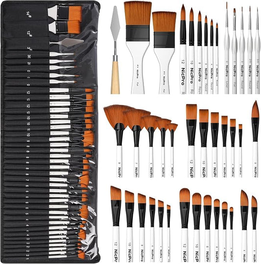 Nicpro 40 PCS Paint Brush Set, Professional Acrylic Paint Brushes | Suitable for Acrylic Painting, Oil, Watercolor, Gouache, Includes Palette Knife & Canvas Roll, Painting Supplies for Artist