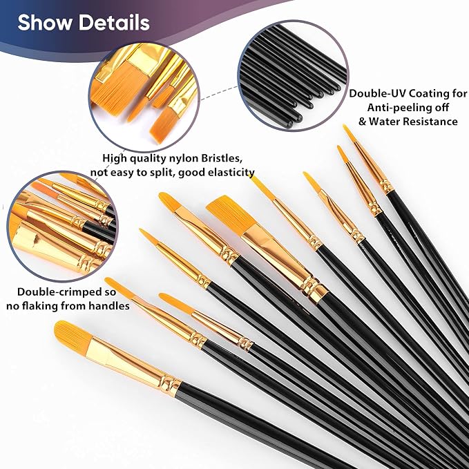 Artstorys Paint Brushes Set, 20 Pcs Acrylic Oil Watercolor Painting Brushes | Artist Paintbrushes (Nylon Hair Wood Handles) for Adult Drawing, Great for Face, Rock & Canvas, Arts Craft Supplies, Black
