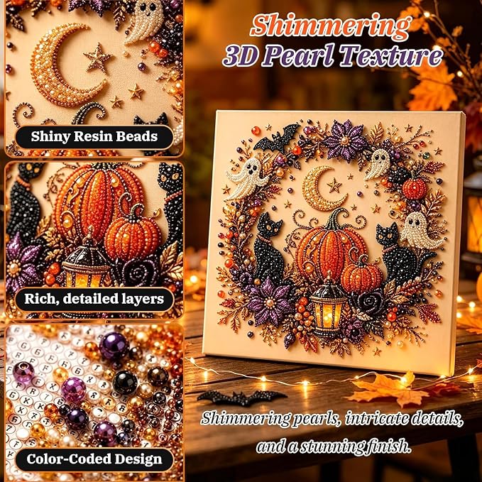 Irsnianianfa Halloween Pearl Art Kit for Adults,Diamond Art Painting Crafts Kit,Spooky Cute Witch & Pumpkin Canvas Art,DIY Fall Home Decor & Wall Art (A02)