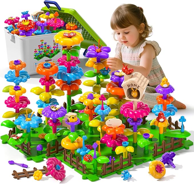 112 Pcs Flower Garden Toy, Toddler Girl Toys 3-4 Years Old Girls Gardening Building Gifts Set Best Educational Learning Fine DIY Crafts Stem Construction Stacking Kit for 3 4 5 6 7 Year Kids Birthday
