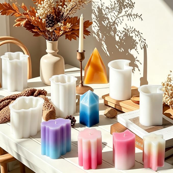 8PCS Reusable Silicone Candle Molds Set - Prism/Square Pyramid/Cloud/Pentagon/Hexagon/Flower/Cat Shapes for DIY Candle Making, Soap, Resin Crafts, Easy Release Candle Making Kit