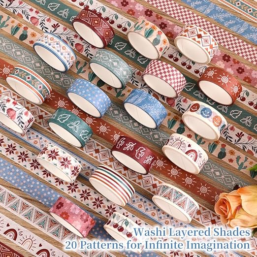 icceemee 20 Rolls Bohemia Theme Washi Tape Set,Writable Decorative Tapes for Scrapbooking, Junk Journal Supplies, Bullet Journaling, 0.6"x79" per Roll