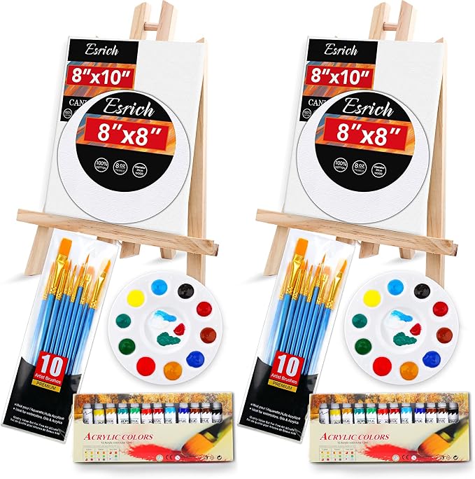 ESRICH Acrylic Paint Canvas Set, 52 PCS Painting Supplies Kit | 2 Wood Easel, 2 * 12 Colors, 20 Brushes, Circular Canvas, Paint Kit for Kids, Students, Artists and Beginner