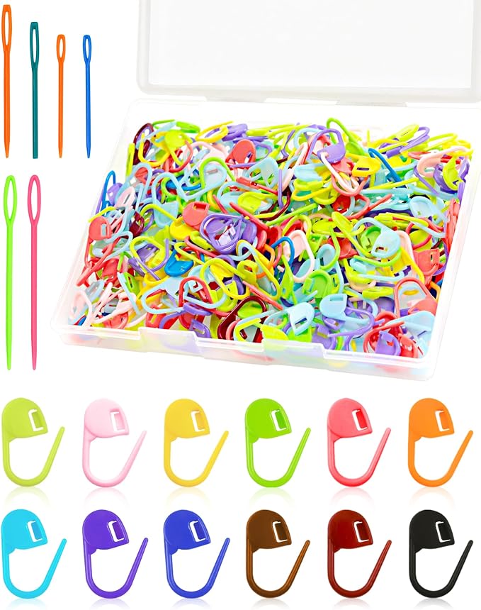 FIVEIZERO 300pcs Stitch Markers for Crocheting & 6pcs Blunt Sewing Needles | Mix Random Color Knitting Markers;Reusable Bulk Plastic Crochet Hook Clip for Knitting,Weaving,Crocheting,Art,Craft Projects
