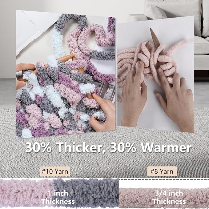 Cozyful Chunky Yarn for Hand Knitting - #10 Chunky Chenille Blanket Yarn, Jumbo Big Thick Chunky Yarns for Crocheting, Tie Dye Bulky Knit Yarns, 8 Skein (20 yds 8 oz Each Skein), Purple & Grey & Sky