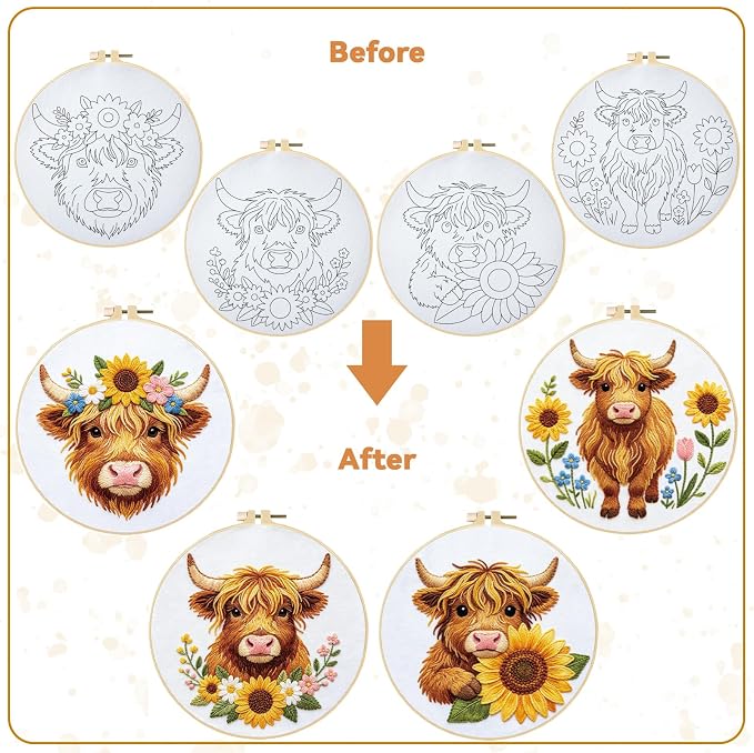 BEUNITONE 4pcs Embroidery Kit, Highland Cow & Sunflowers Stamped Embroidery Kits with Hoop, Thread & Needles, Colorful Cross Stitch Kits Sewing Gifts for Adults and Beginners, DIY Craft for Relaxation