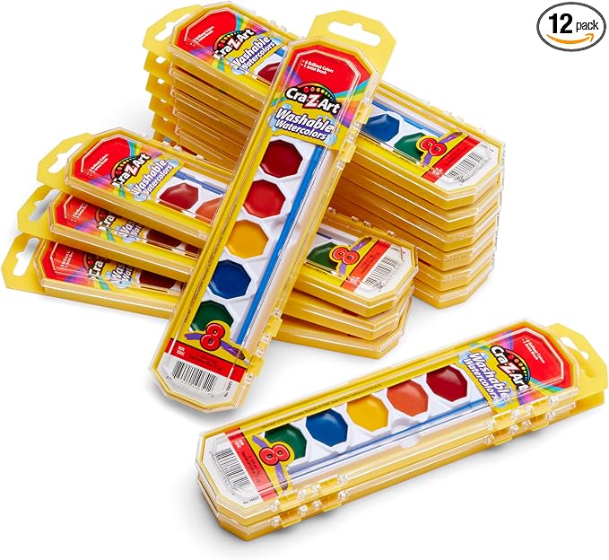 Cra-Z-Art Watercolor Paint Set with Brush Bulk Pack, 8 Colors (Pack of 12), 12 Total Paint Sets, Non-Toxic Washable Watercolors for Kids, Classroom Art Supplies & School