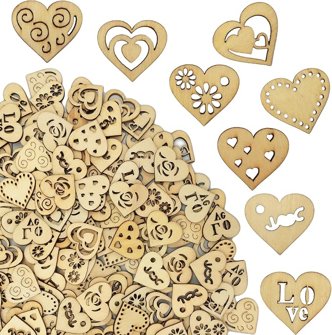 DIYOMR 200Pcs Unfinished Wood Pieces Hollow Wooden Art Decor, Vintage Embellishments Decorative Accessories for Scrapbooking Crafts DIY Home Decor (Heart)