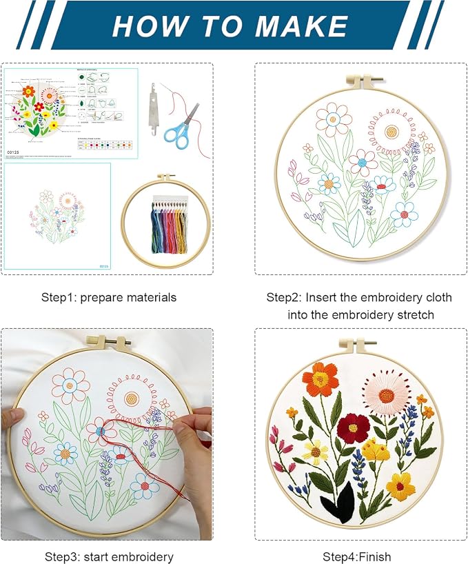 Zhenqing Wildflower Embroidery Kit for Beginners, Floral Needlework Kit with Pre-Printed Cotton Fabric, Hoop, Threads & Tools, Flower Wall Decor (C0125)