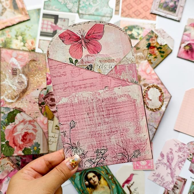 ZHIJIANHZ Junk Journal Kit Pink Romantic Ephemera Set for Scrapbooking