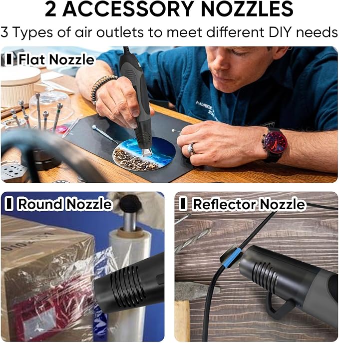 ROMECH 350W Heat Gun with 2 Nozzles, Dual Temp Heat Gun 400°F-660°F, Fast Heat Hot Air Gun with Overload Protection for DIY Craft Embossing Shrink Wrapping (Grey)
