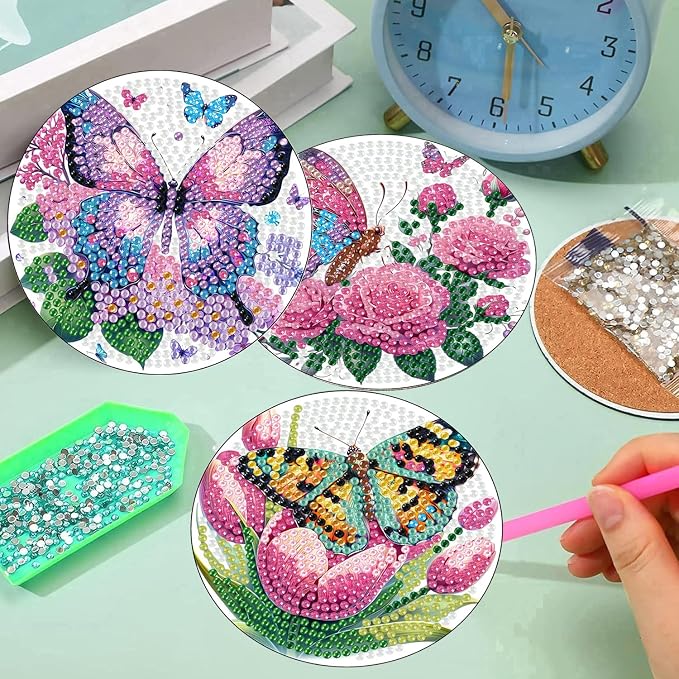 8 Pcs Diamond Art Coasters Kits, Butterfly Diamond Painting Coasters Kits