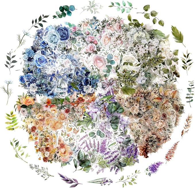 600 Pcs Natural Botanical Flower Stickers, Wildflower Stickers for Scrapbooking Junk Journal Notebook Diary Planner Letter Envelope Water Bottle Phone Case Craft Decoration (Set of 6)