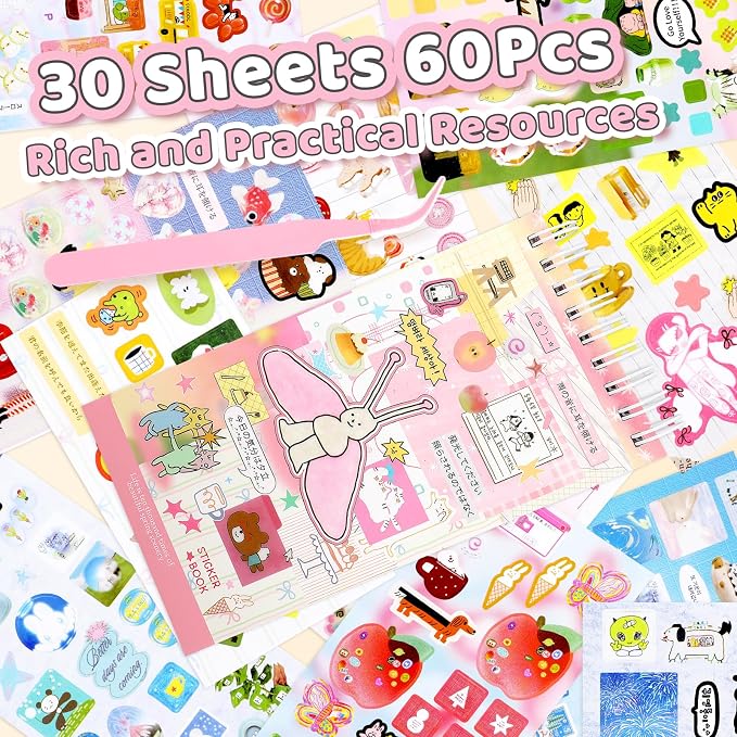 Tmtains 40 Sheets Kawaii Japanese Sticker Book for Planners Manga Books Style Sticker Aesthetic Japanese Korean Stickers Book for Adults Scrapbooking Notebook Junk Journal Supplies (Powder Blue Duo)